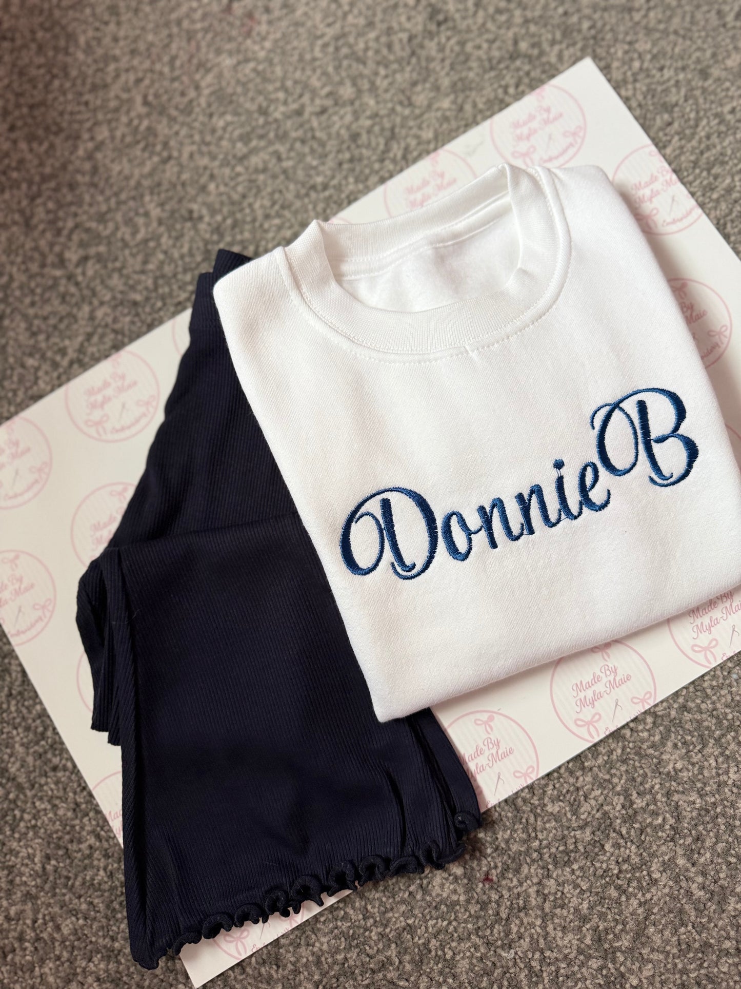 Navy Flares & White Sweatshirt