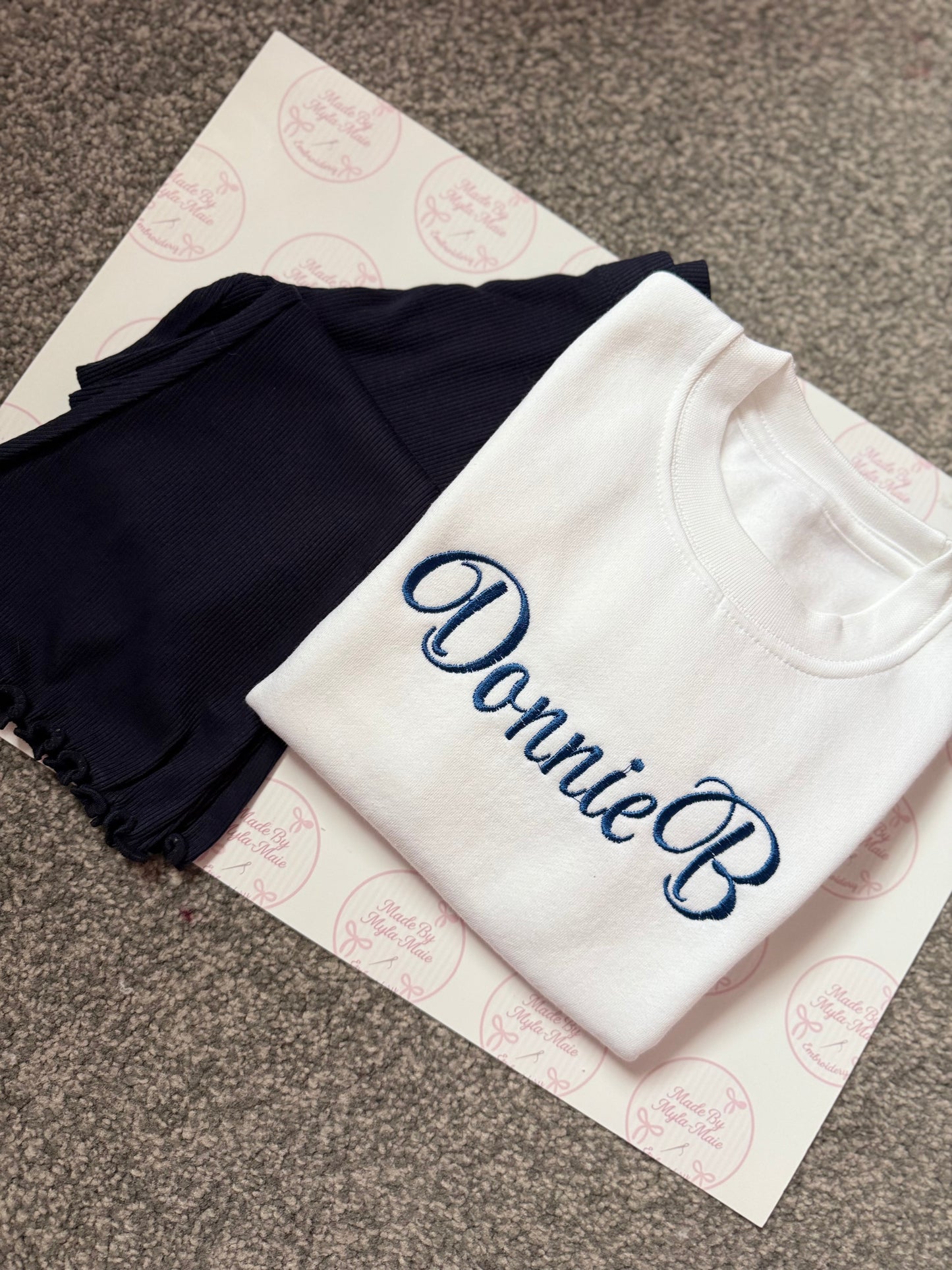Navy Flares & White Sweatshirt