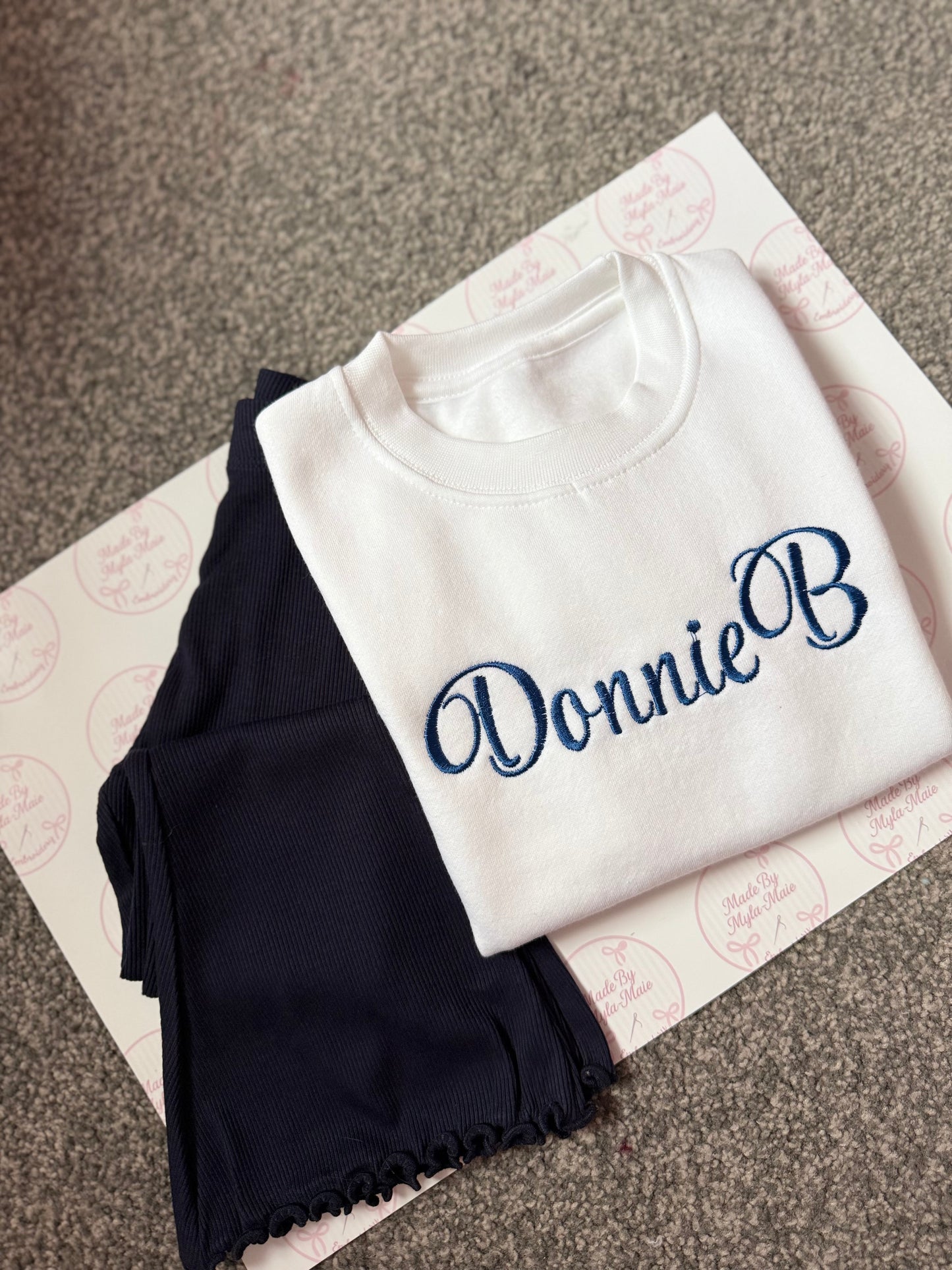 Navy Flares & White Sweatshirt
