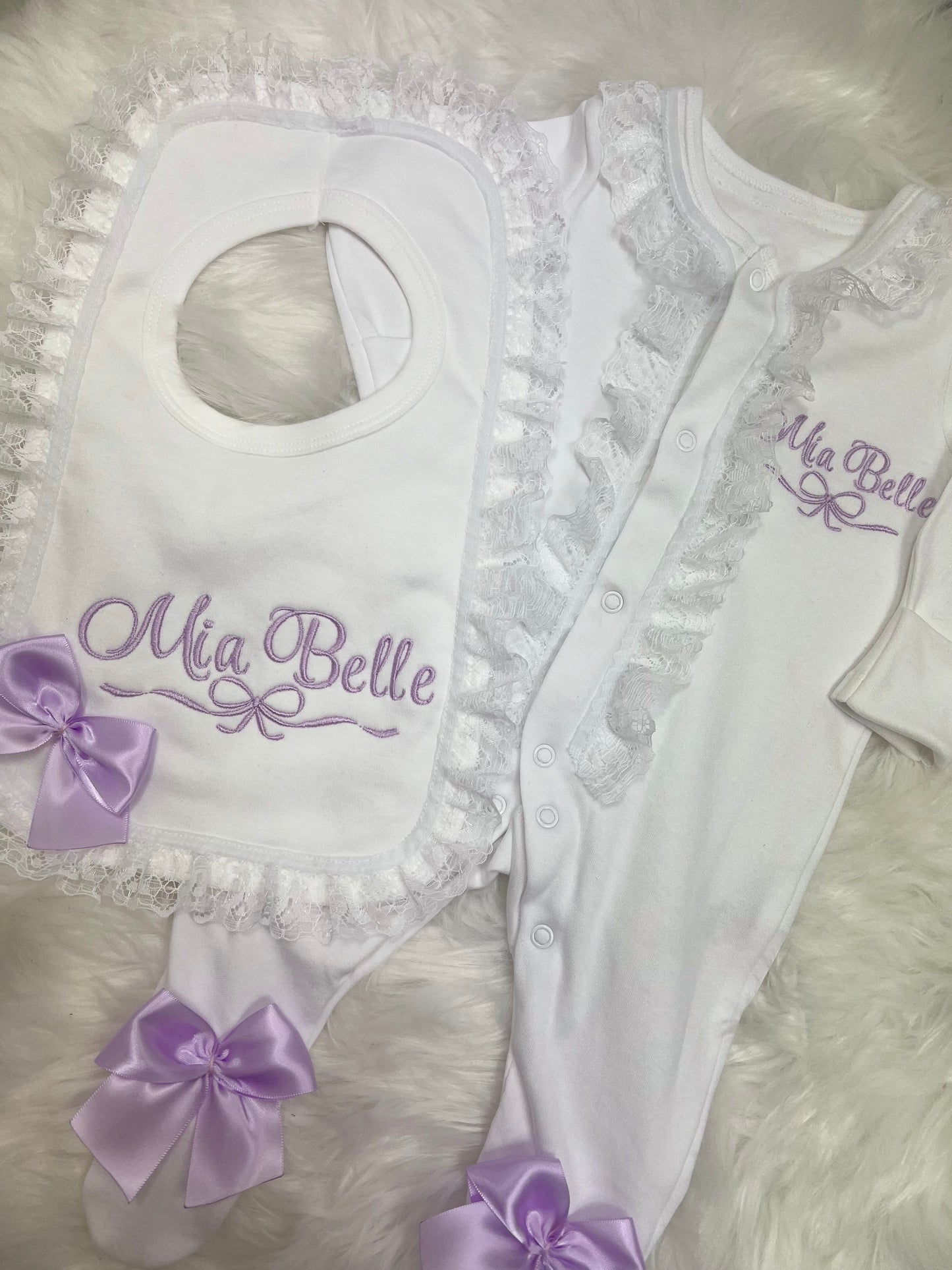 Pretty Lilac Frilly Sleepsuit&Bib