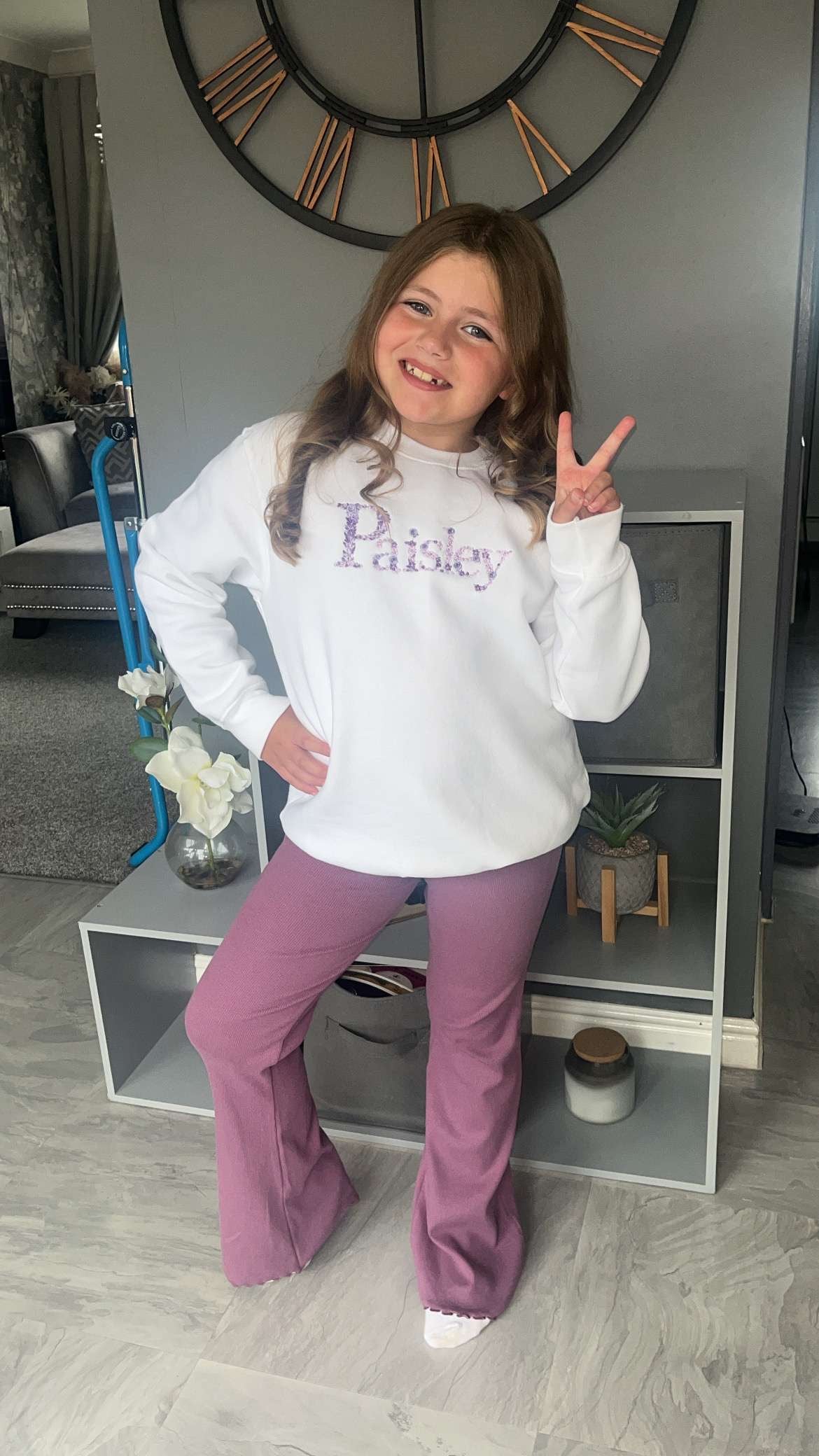 Purple Flares & White Floral Sweatshirt