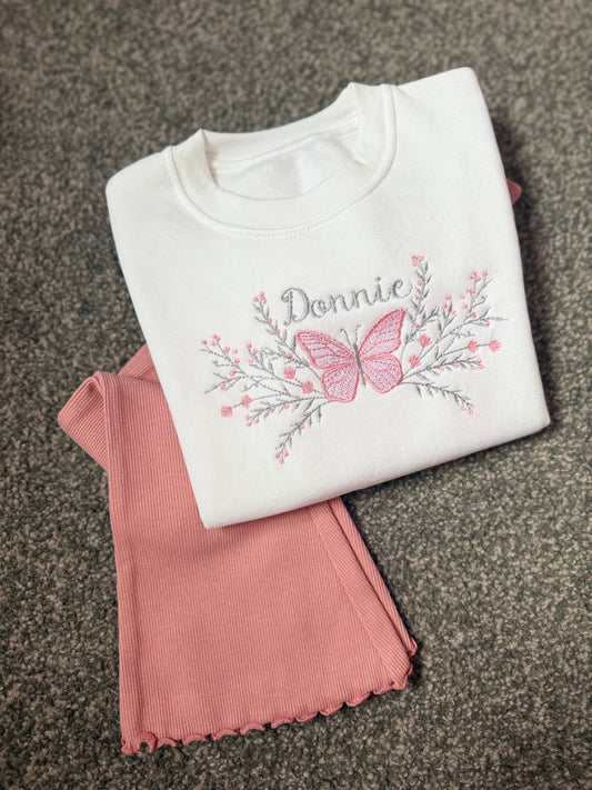Pink Flares & White ButterFly Sweater