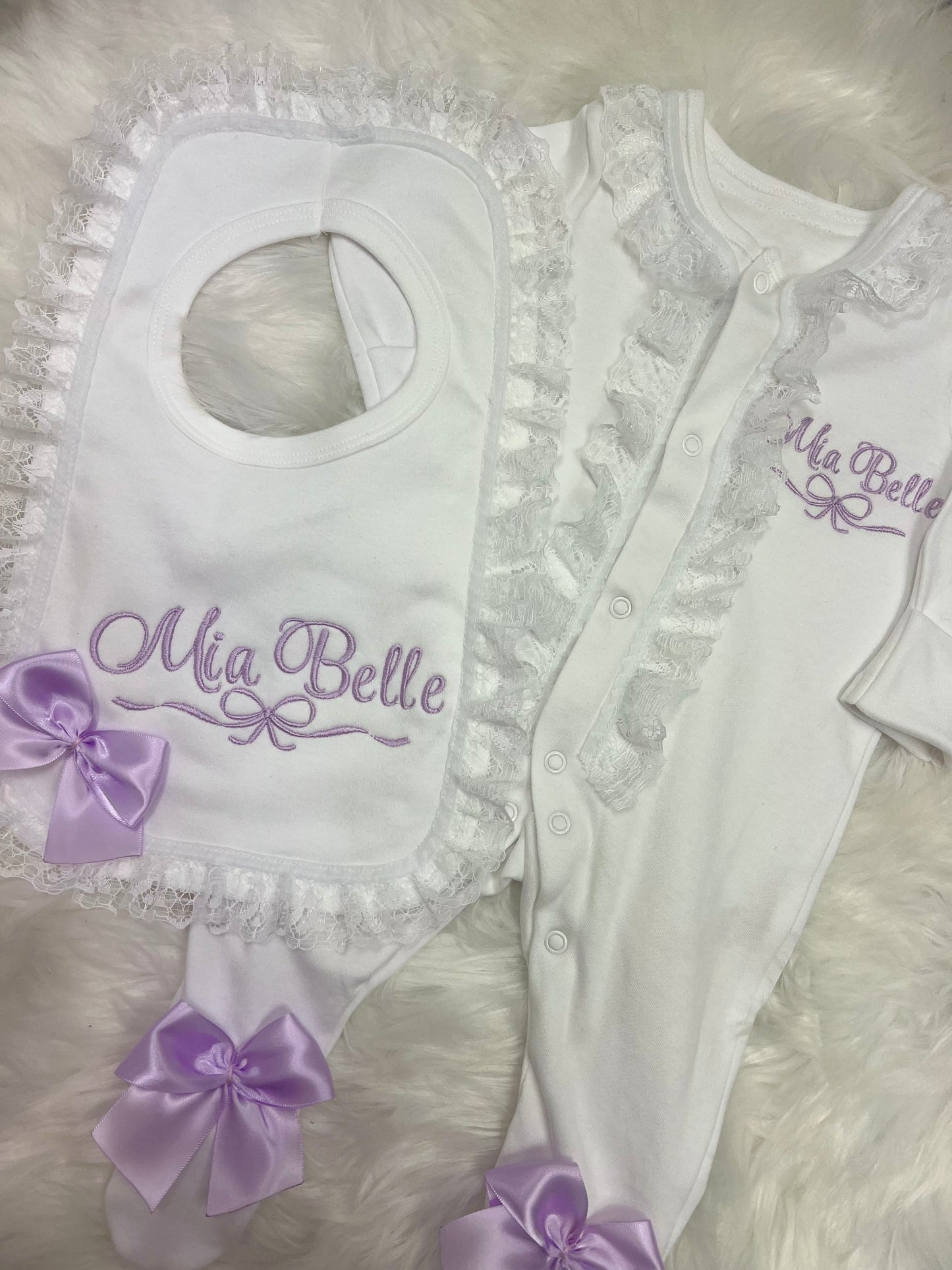 Pretty Lilac Frilly Sleepsuit&Bib