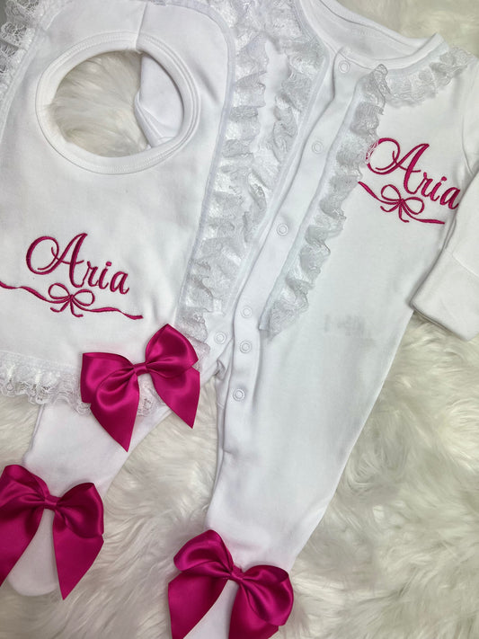 Pretty Hot Pink Frilly Sleepsuit&Bib