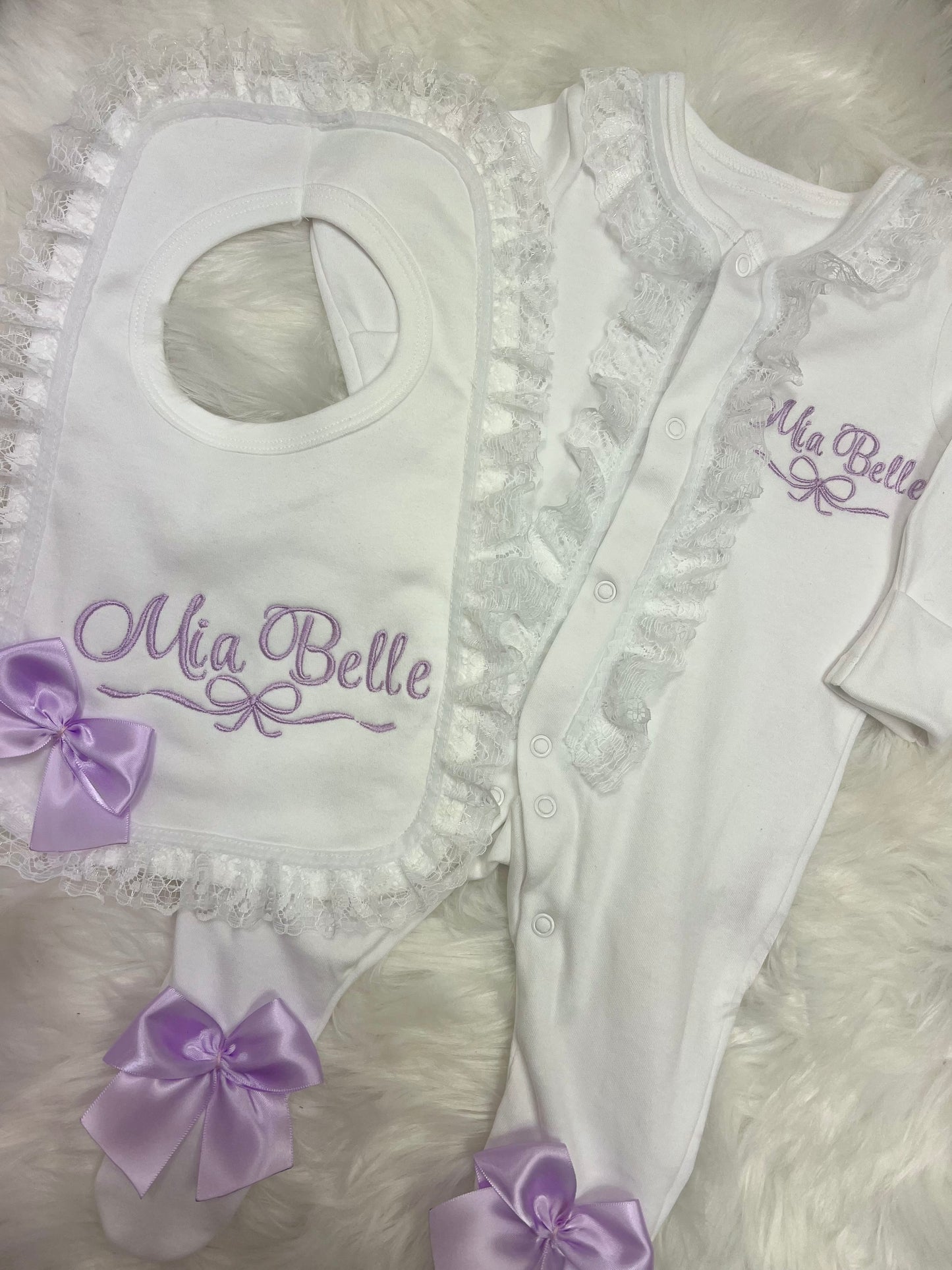 Pretty Lilac Frilly Sleepsuit&Bib