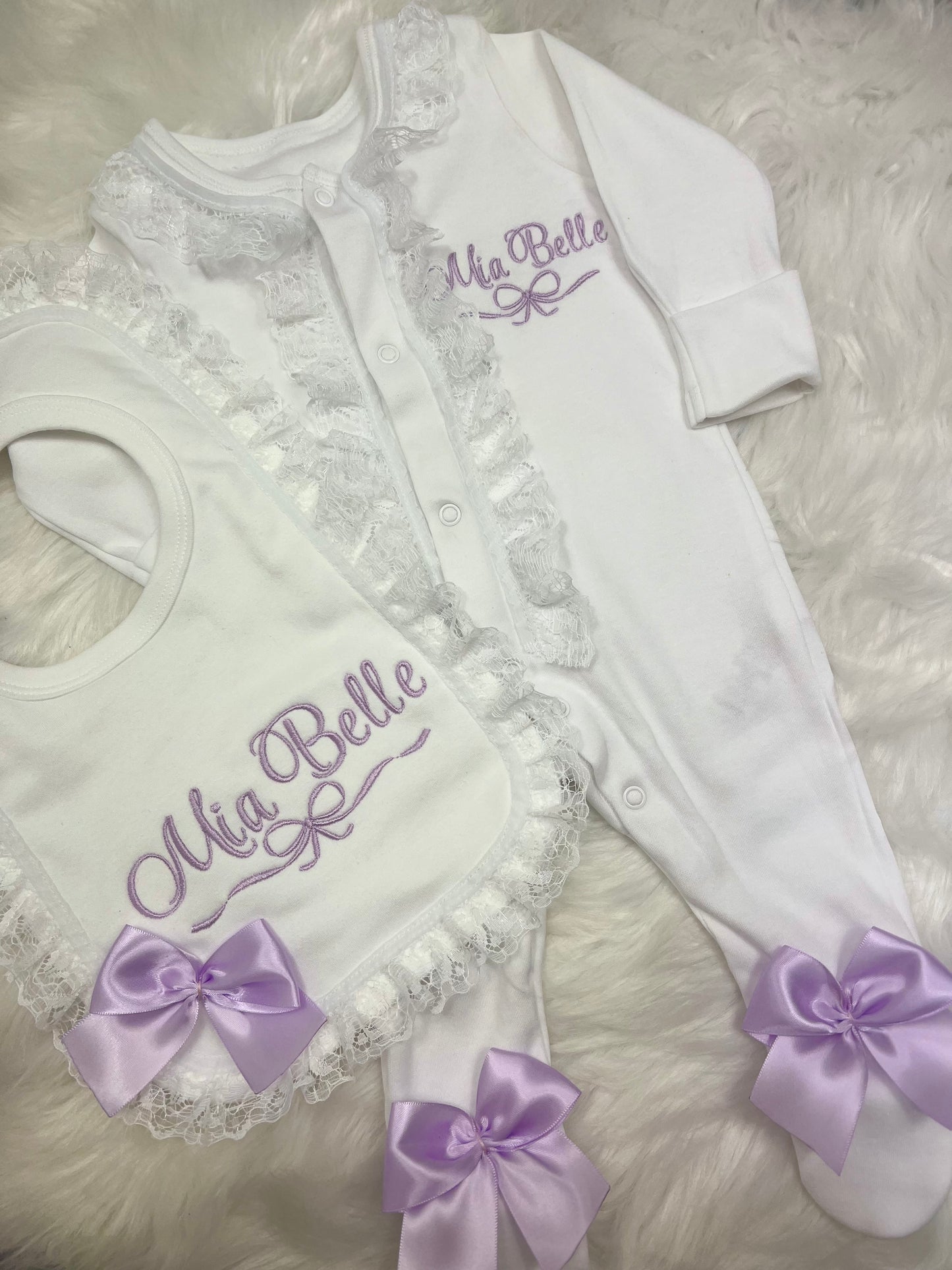 Pretty Lilac Frilly Sleepsuit&Bib