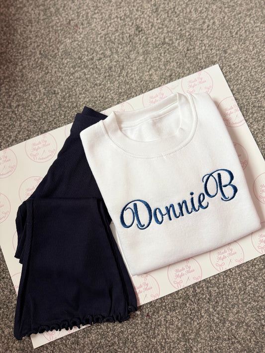 Navy Flares & White Sweatshirt