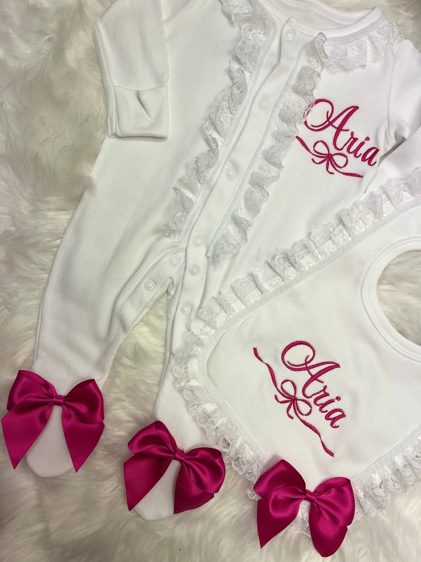 Pretty Hot Pink Frilly Sleepsuit&Bib